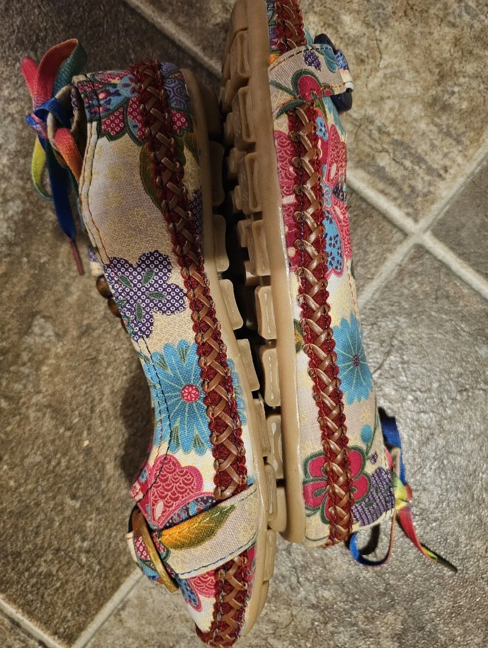 Xiruyi Bohemian Floral Canvas Flats Wooden Bead Ankle Strap Rainbow Tie Size 9